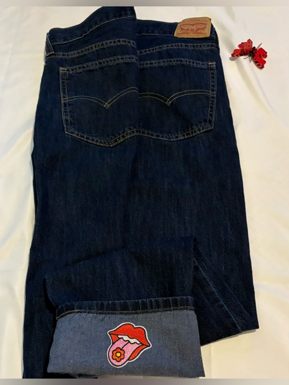 LEVIS MIDDY STRAIGHT Relaxed Fit Jeans W29~L30 Dark Wash Cuffed Custom Patch